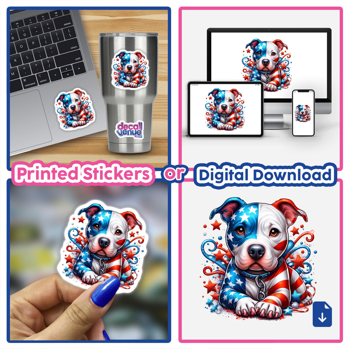 Colorful Pitbull dog artwork on digital devices, merchandise, and printed stickers displaying the playful and festive design of the American Flag-inspired Pittie Pawty character.