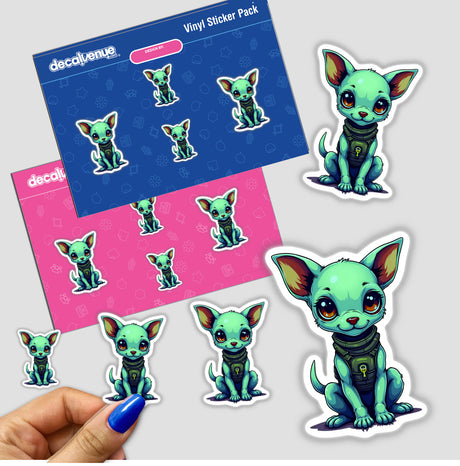 Vinyl sticker pack featuring a cute green dog in a space-themed outfit, available in various sizes for collectors and pet lovers.