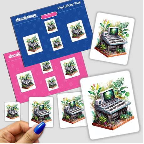 Retro Computer Sticker featuring lush tropical plants intertwined with a vintage computer aesthetic, available as stickers or digital artwork. Perfect for adding a unique touch to your items.
