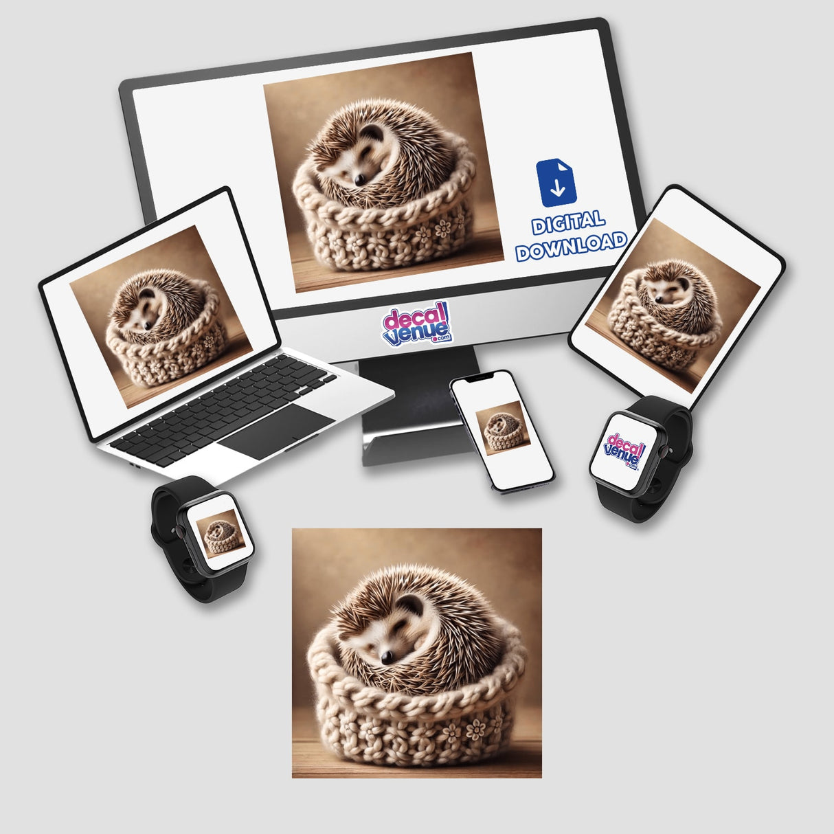 Hedgehog Resting in Knitted Basket digital artwork displayed on a laptop and monitor, showcasing the adorable hedgehog in a cozy setting. Available as stickers or digital artwork.