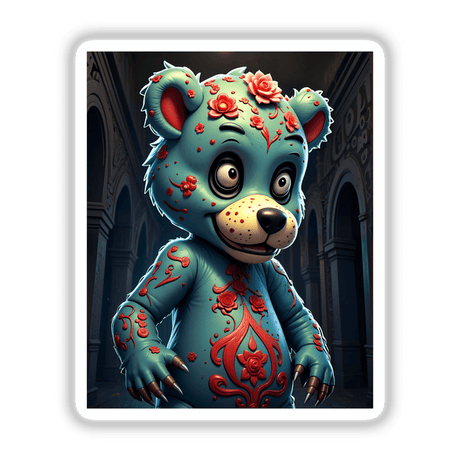 A Macabre Scary Bear cartoon character in a blue bear garment, featuring intricate red flower designs, available as unique stickers or digital artwork from Decal Venue.