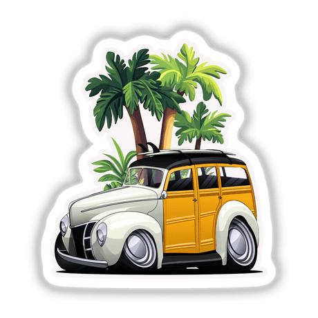White Woodie Palm sticker or digital artwork featuring a whimsical cartoon car topped with surfboards, surrounded by palm trees, embodying a playful beach vibe.