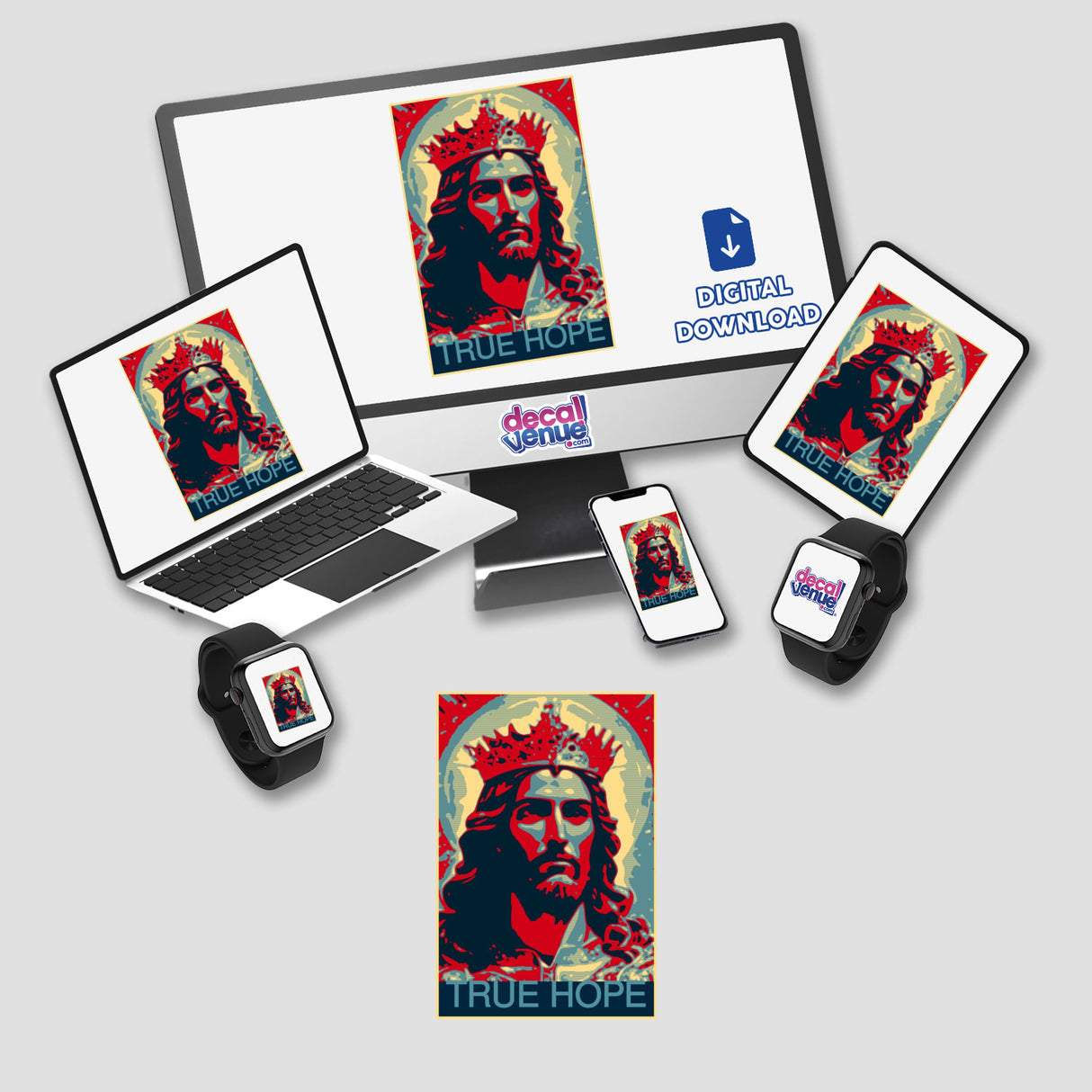TRUE HOPE Christian Clipart – Jesus Christ with Crown of Thorns displayed on computer and laptop screens, available as stickers or digital artwork.