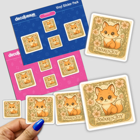 Awaken Joy Kawaii Art Nouveau Sticker or Clipart features a charming, cute fox in an uplifting art style, perfect for stickers or digital artwork with commercial rights.