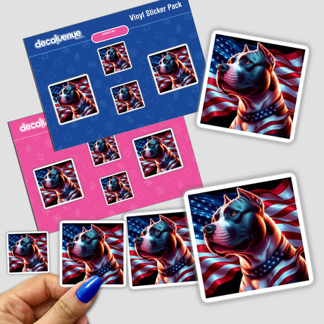 Patriotic Pittie Sticker Set: Vibrant American flag-inspired digital artwork featuring a dynamic pitbull with bold, vivid colors.