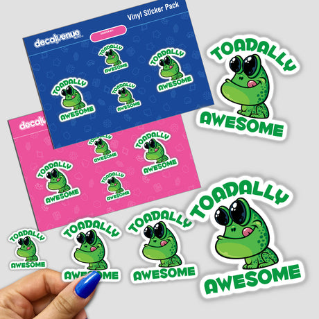 Toadally Awesome Happy Cartoon Toad stickers featuring cheerful cartoon frogs with big eyes, available as unique vinyl stickers or digital artwork. Perfect for adding character to personal items.