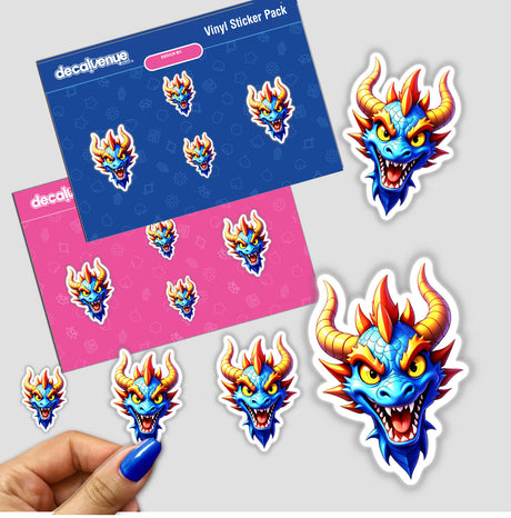 Hand holding a sticker pack featuring A Cool Fantasy Dragon with cartoon blue dragons and colorful horns, available as stickers or digital artwork from Decal Venue.