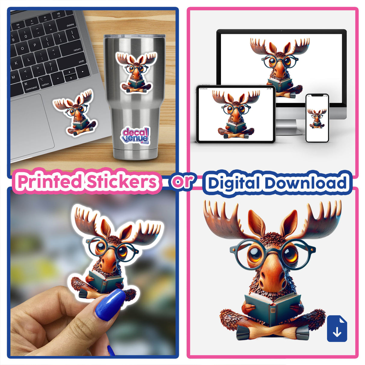 Cartoon moose with reading glasses and open book, available as stickers or digital artwork, featured on various items including laptops and phones.