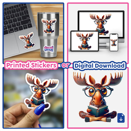 Cartoon moose with reading glasses and open book, available as stickers or digital artwork, featured on various items including laptops and phones.