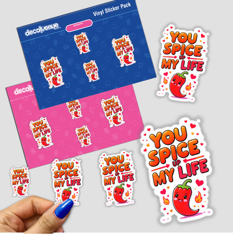 You Spice Up My Life Funny Love Quote stickers featuring cartoon red peppers with faces, held in a hand, showcasing unique designs from Decal Venue.