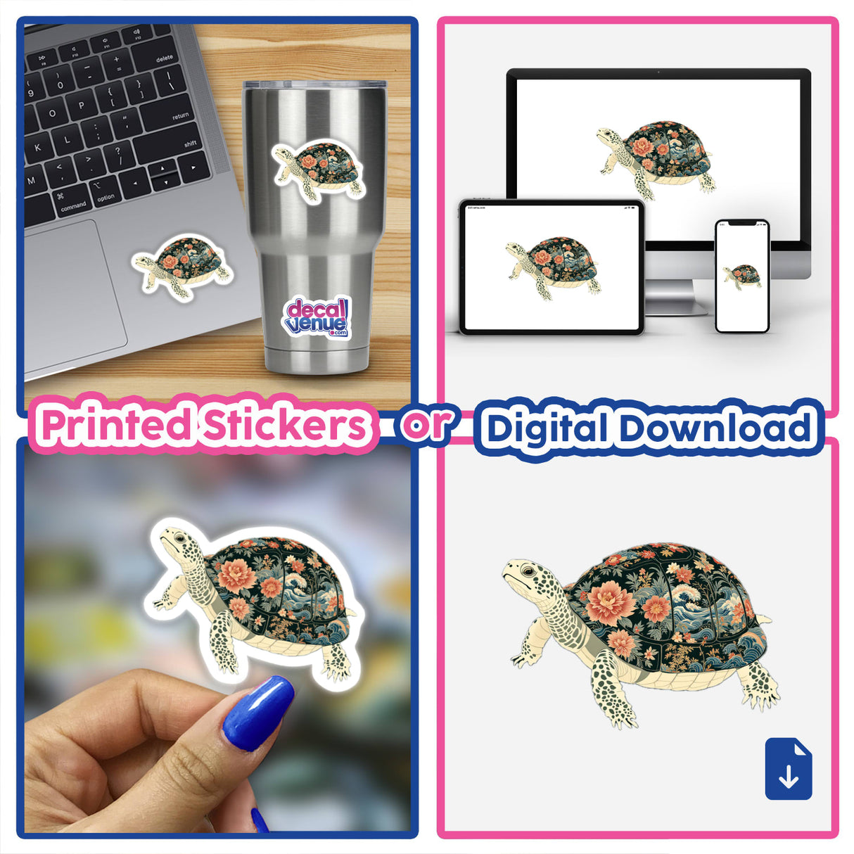 Chinoiserie Turtle collage featuring a turtle adorned with flowers on a laptop, ideal as stickers or digital artwork from Decal Venue.