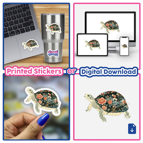 Chinoiserie Turtle collage featuring a turtle adorned with flowers on a laptop, ideal as stickers or digital artwork from Decal Venue.