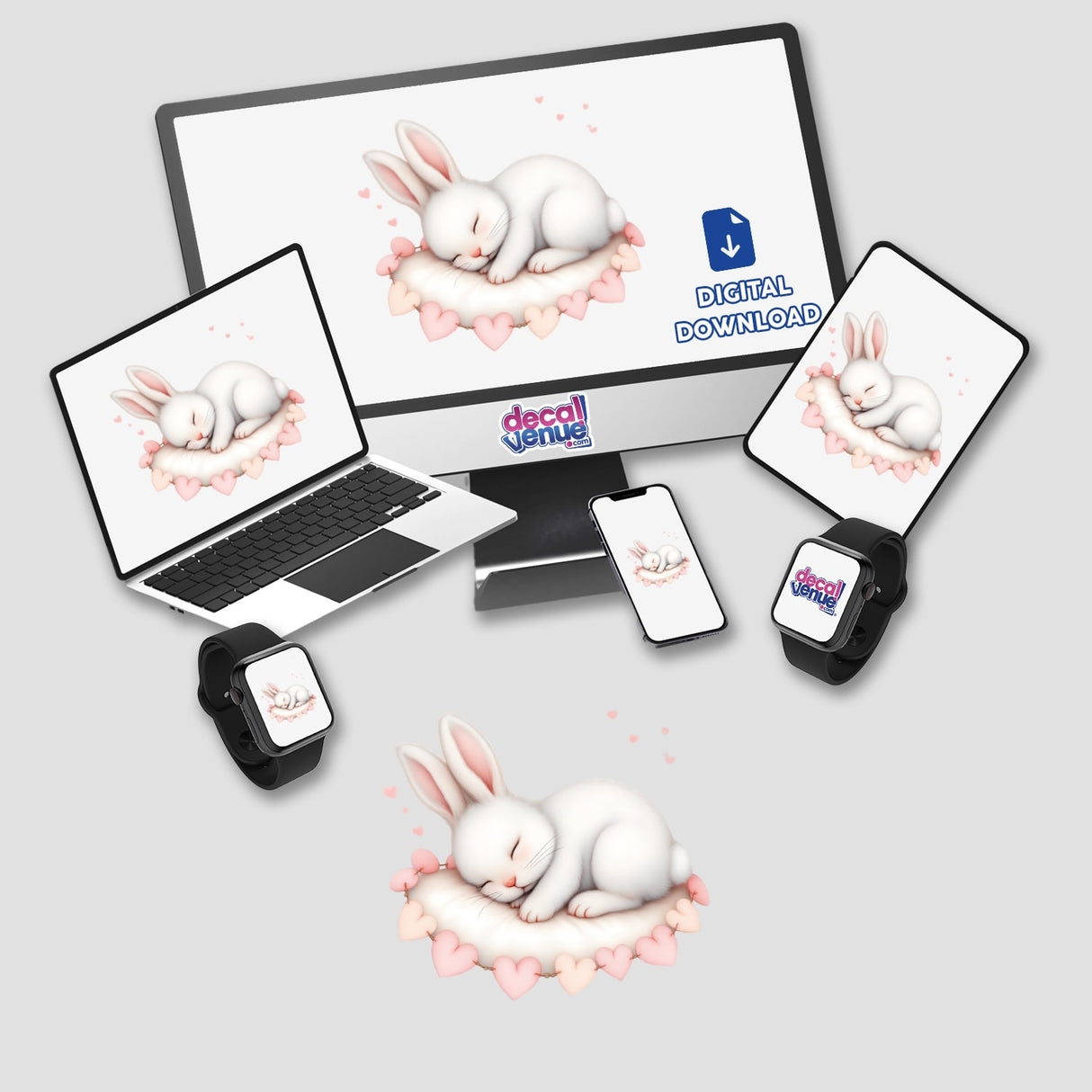 Watercolor Sleeping Baby Bunny with a Heart Garland featured on digital screens, showcasing its whimsical charm and detailed design, perfect as stickers or digital art from Decal Venue.