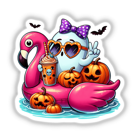 Cute Halloween Peace Ghost on Flamingo Float sticker featuring a ghost riding a flamingo float, surrounded by cartoon pumpkins and a drink. Perfect for unique seasonal decor.