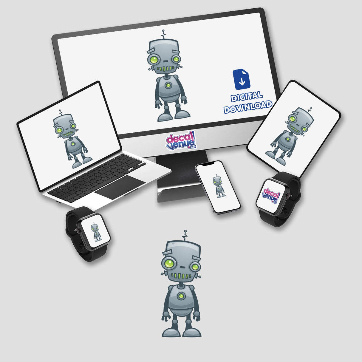 Silly Robot stickers featuring cartoon robots displayed on a computer monitor and laptop, highlighting quirky digital art perfect for tech-themed decor. Available at Decal Venue.