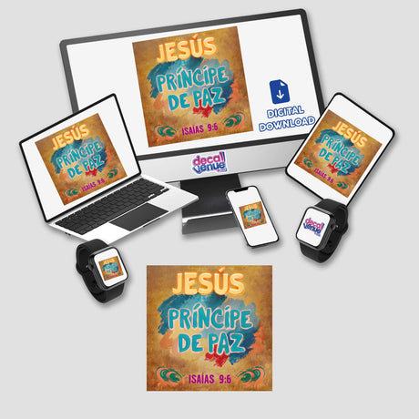 Fauvist Sticker | JESÚS PRÍNCIPE DE PAZ Isaías 9:6 displayed on a computer monitor and laptop, available as stickers or digital artwork with commercial rights.