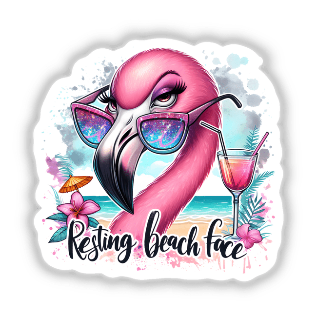 Vibrant flamingo wearing sunglasses sitting on beach with cocktail and tropical flowers