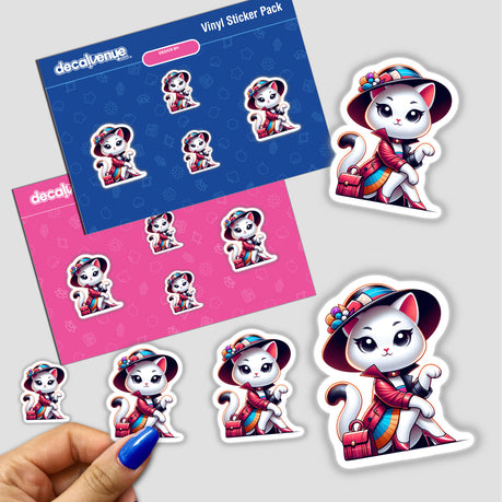 Trendy Cat stickers featuring cartoon cats in various outfits, including hats and coats. A close-up shows a person's finger holding one sticker. Available as stickers or digital artwork.