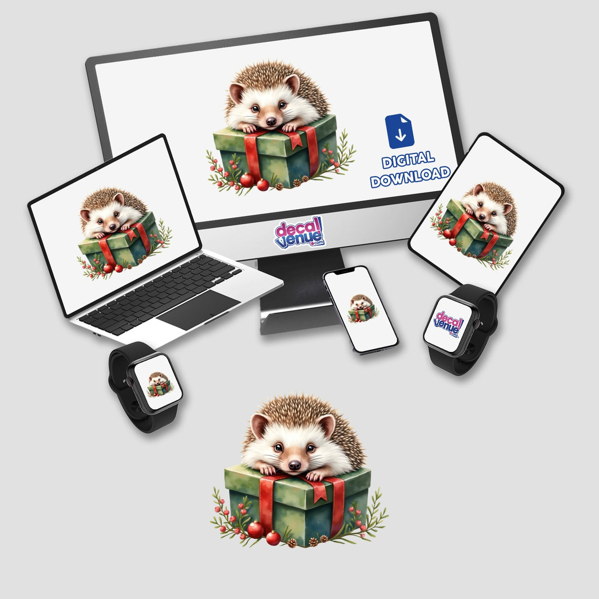 Hedgehog on Christmas Present Box displayed on a computer monitor and laptop screen, part of Decal Venue's unique collection of stickers and digital art.