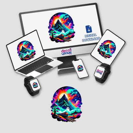 The Magical Ghost Train artwork displayed on a computer monitor and laptop, illustrating a train traversing a mountain, available as vinyl stickers or digital artwork.