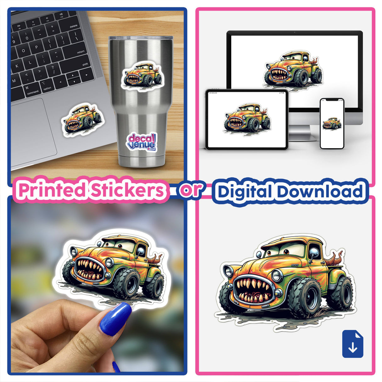 Collage featuring a laptop displaying a cartoon monster truck with big teeth, titled Calhambeque Dentuço, available as stickers or digital artwork.