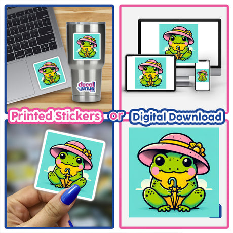Froggy with Pink Sunhat and Umbrella sticker, showing a cartoon frog holding an umbrella, available as stickers or digital artwork.
