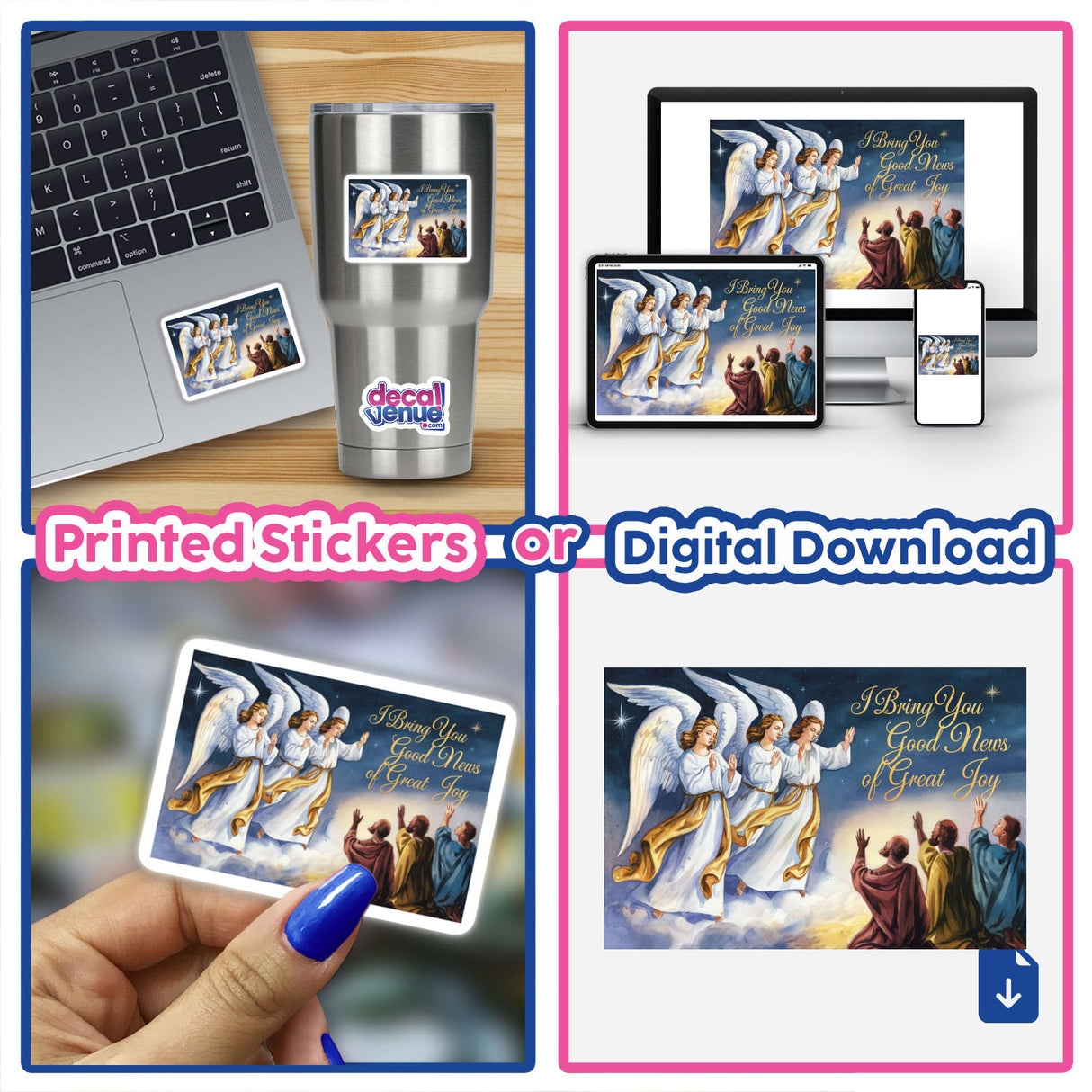 Collage featuring Good News of Great Joy with Luke 2:10 stickers and clipart, displaying angels, laptops, and hands holding cards, representing Decal Venue's unique sticker and digital art offerings.