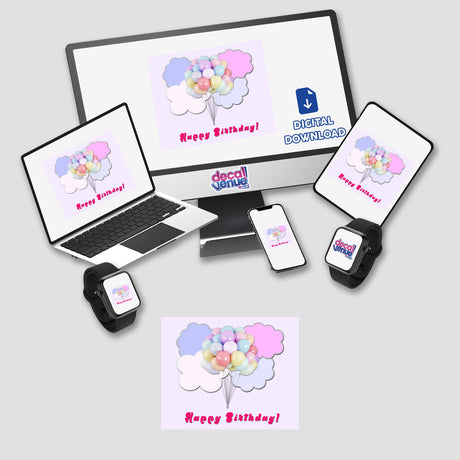 Pastel balloons floating in pink and lavender clouds on a pale pink background. Digital artwork featuring the "Happy Birthday!" message.