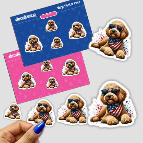 Sassy American Flag Goldendoodle Dog cartoon wearing sunglasses and a bandana, available as stickers or digital artwork, exemplifies Decal Venue's unique vinyl sticker and digital art offerings.