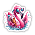 Flamingo Ice Cream Cone Splash: A whimsical cartoon of a flamingo wearing sunglasses, holding an ice cream cone, available as stickers or digital artwork. Perfect for fans of unique vinyl designs.