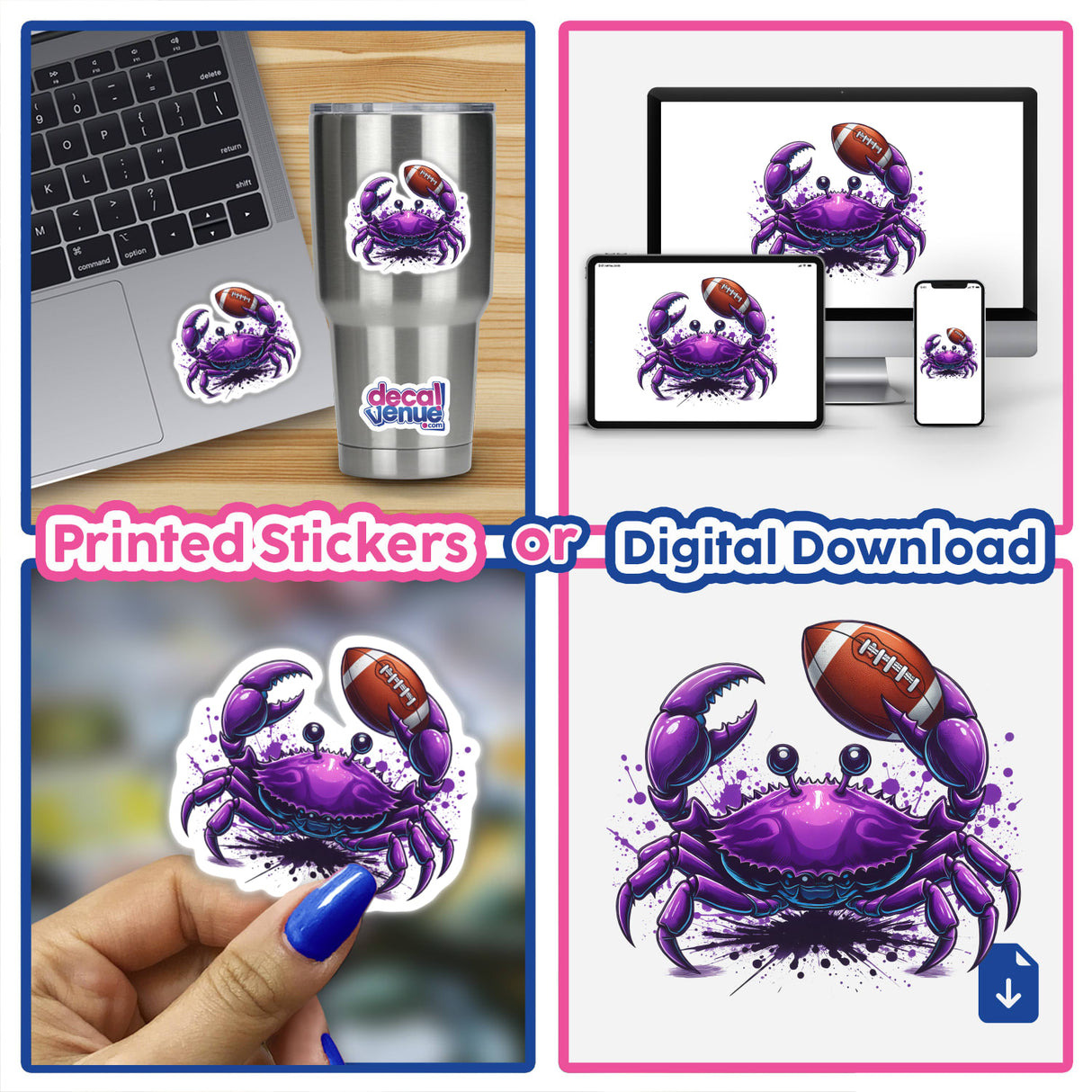 Purple Crab Holding Football - Unique digital artwork featuring a playful crab character holding a football, created by Ella Designz and available at Decal Venue.