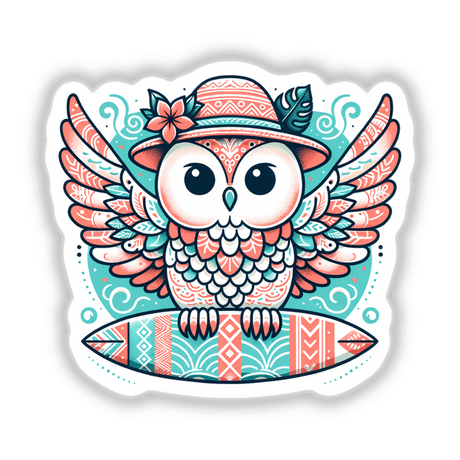 Owl Holding Surfboard in Summer Beach Hat