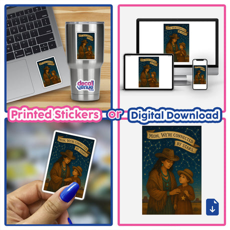 Boho Western Mother’s Day Sticker and Clipart, featuring celestial motifs, displayed on a laptop. Available as stickers or digital artwork, emphasizing unique design with commercial rights.
