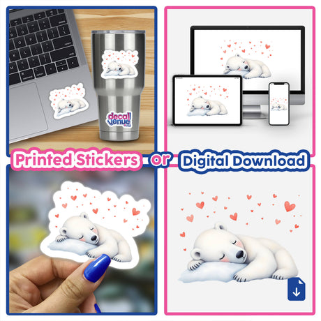 Watercolor Sleeping Polar Bear with Hearts artwork features a serene polar bear surrounded by playful hearts, perfect for adding whimsy and charm to any space.
