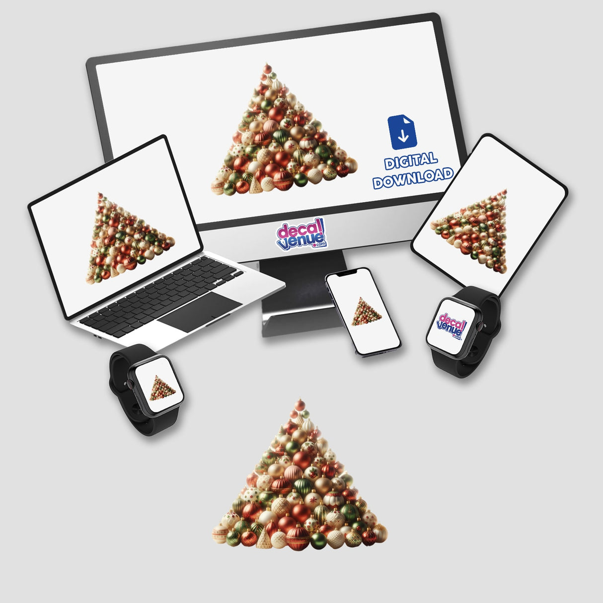 Christmas Ornament Pyramid displayed on a computer monitor and smartwatch screen, highlighting its availability as stickers or digital artwork from Decal Venue, specializing in unique creative designs.