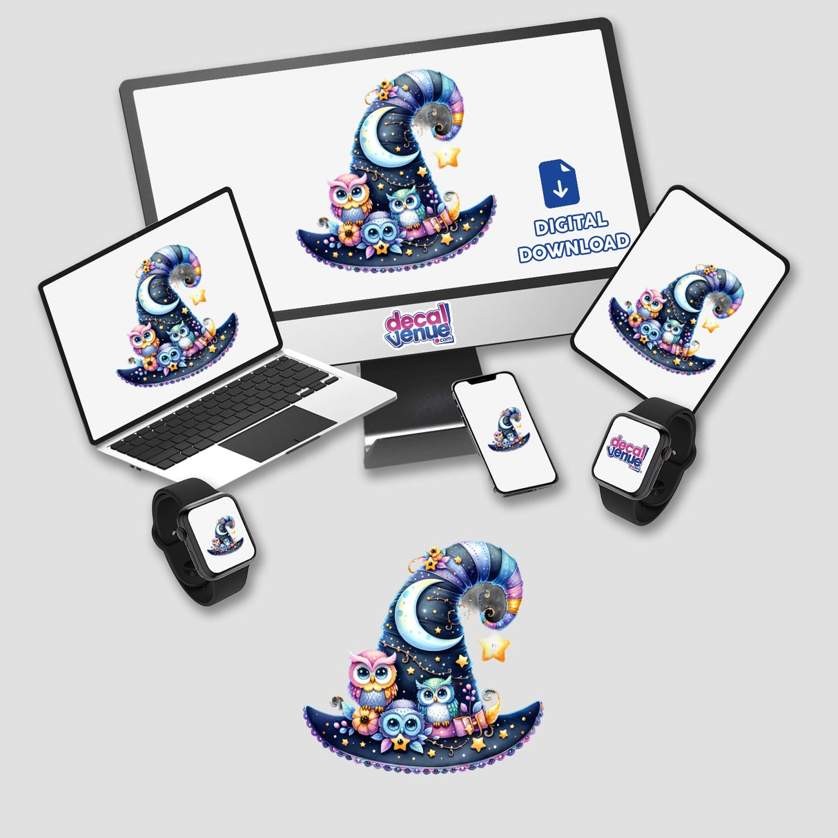Halloween Hat with Owls and Stars displayed on a computer monitor and laptop, featuring cartoon owls and stars, available as unique stickers or digital artwork from Decal Venue.