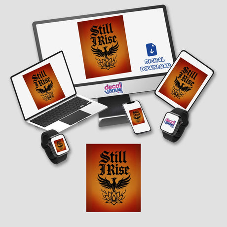 Still I Rise Sticker or Clipart - Phoenix Resilience Design displayed on a laptop and monitor, featuring a black bird with a flower, available as stickers or digital artwork.