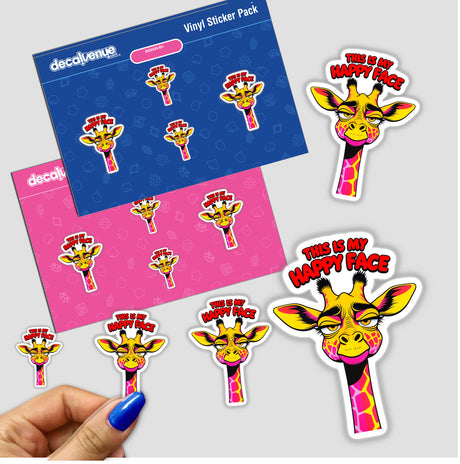 This Is My Happy Face Cute Grumpy Giraffe sticker pack is held in a hand with blue nail polish, featuring cartoon giraffes with cheerful expressions, available as stickers or digital artwork.
