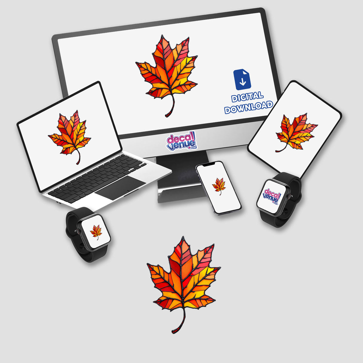 Autumn Leaf Stained Glass Style: A laptop and monitor display a vibrant, stained glass maple leaf design, available as stickers or digital artwork, embodying Decal Venue's unique artistic essence.