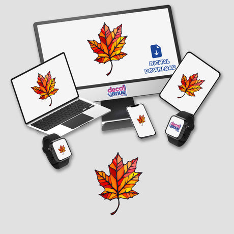 Autumn Leaf Stained Glass Style: A laptop and monitor display a vibrant, stained glass maple leaf design, available as stickers or digital artwork, embodying Decal Venue's unique artistic essence.