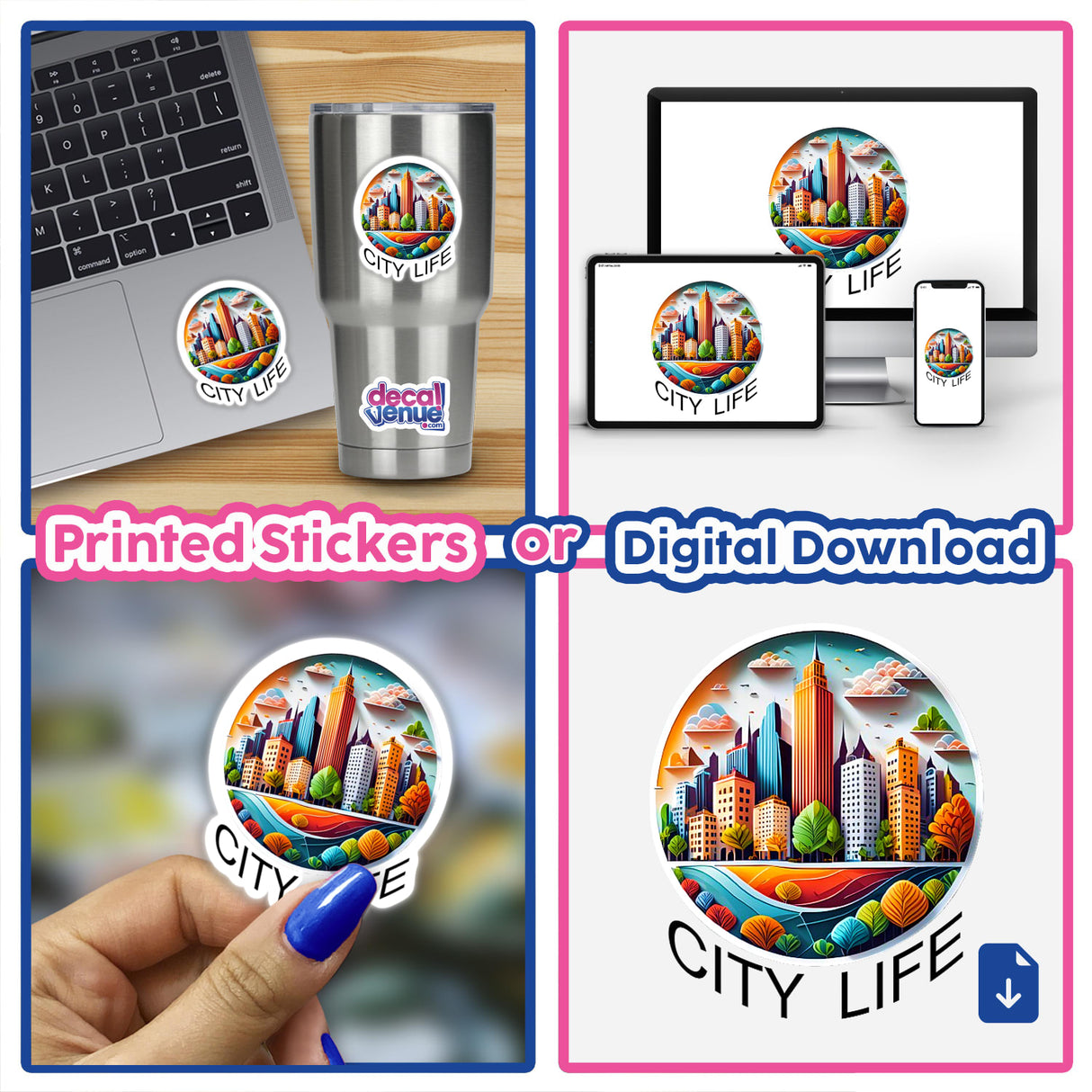 Colorful and vibrant cityscape artwork showcased on various digital and physical products. The "City Life" artwork features a whimsical skyline with skyscrapers, trees, and other urban elements. The artwork is presented on a laptop, phone screen, tumbler, and as a sticker, demonstrating its versatility across different mediums.