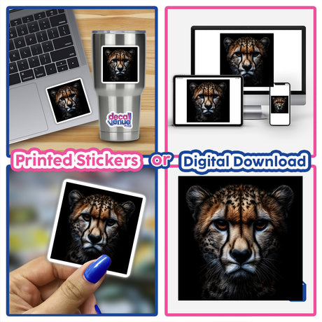 Cinematic Cheetah Portrait on Black Background: collage featuring a laptop displaying cheetah face, and a hand holding cheetah photo, emphasizing digital artwork and sticker options.
