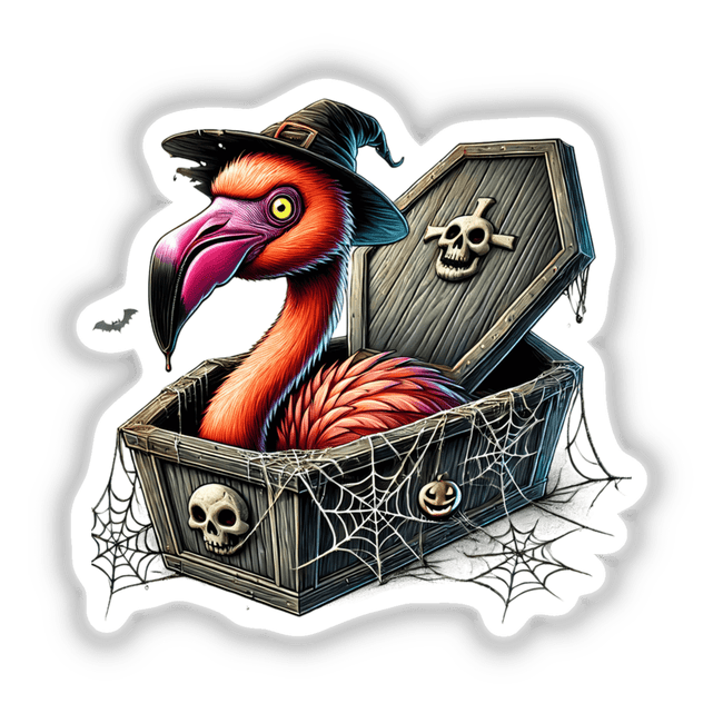 Colorful Halloween flamingo peeking out of coffin, surrounded by spiderwebs and skulls on wooden crate