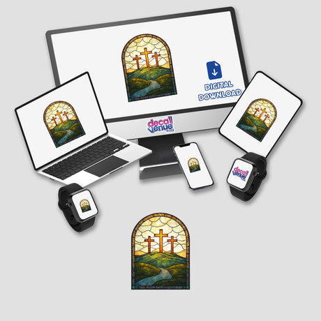 Stained Glass Three Crosses Clipart with Commercial Rights & Christian Sticker displayed on a laptop, featuring a stained glass design of three crosses. Available as stickers or digital artwork.