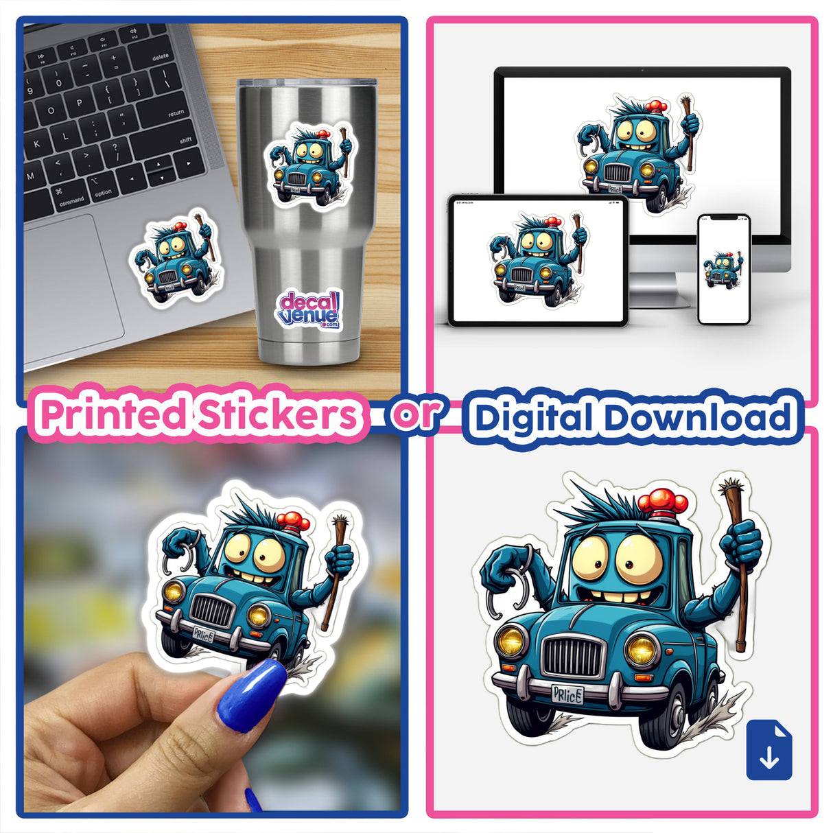 Calhambeque Algema collage featuring cartoon car stickers and digital artwork, including close-ups of stickers on various surfaces.