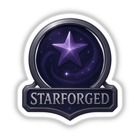 Starforged – RPG-Style Skill Badge (Silver & Violet Galaxy Emblem) displayed as a detailed vinyl sticker or digital art, reflecting a cosmic theme.