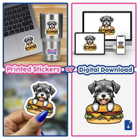 Adorable Schnauzer dog holding a cheeseburger on printed stickers and digital download artwork from Decal Venue, an online store featuring unique stickers and digital art created by talented designers.