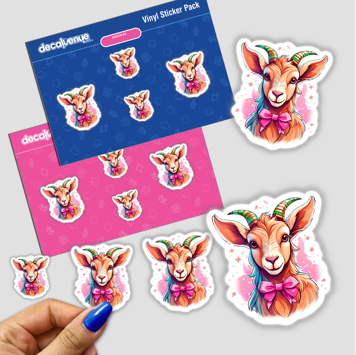 Sticker pack featuring baby goat cartoons, including a goat with a bow tie, held by a hand. Available as stickers or digital artwork.