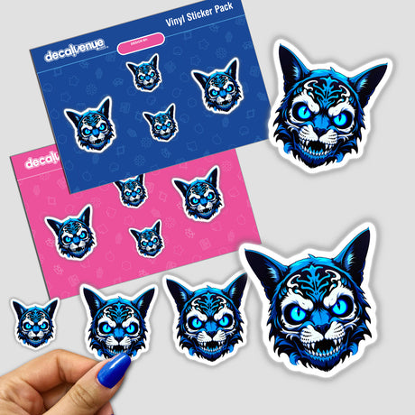 A Cool Undead Cat Skull sticker pack featuring blue and pink designs with cat faces, available as vinyl stickers or digital artwork.