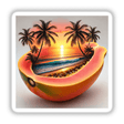 Sunset in the Tropics Beach Scene Inside a Papaya, depicting a beach, palm trees, and a sunset, available as stickers or digital artwork from Decal Venue.